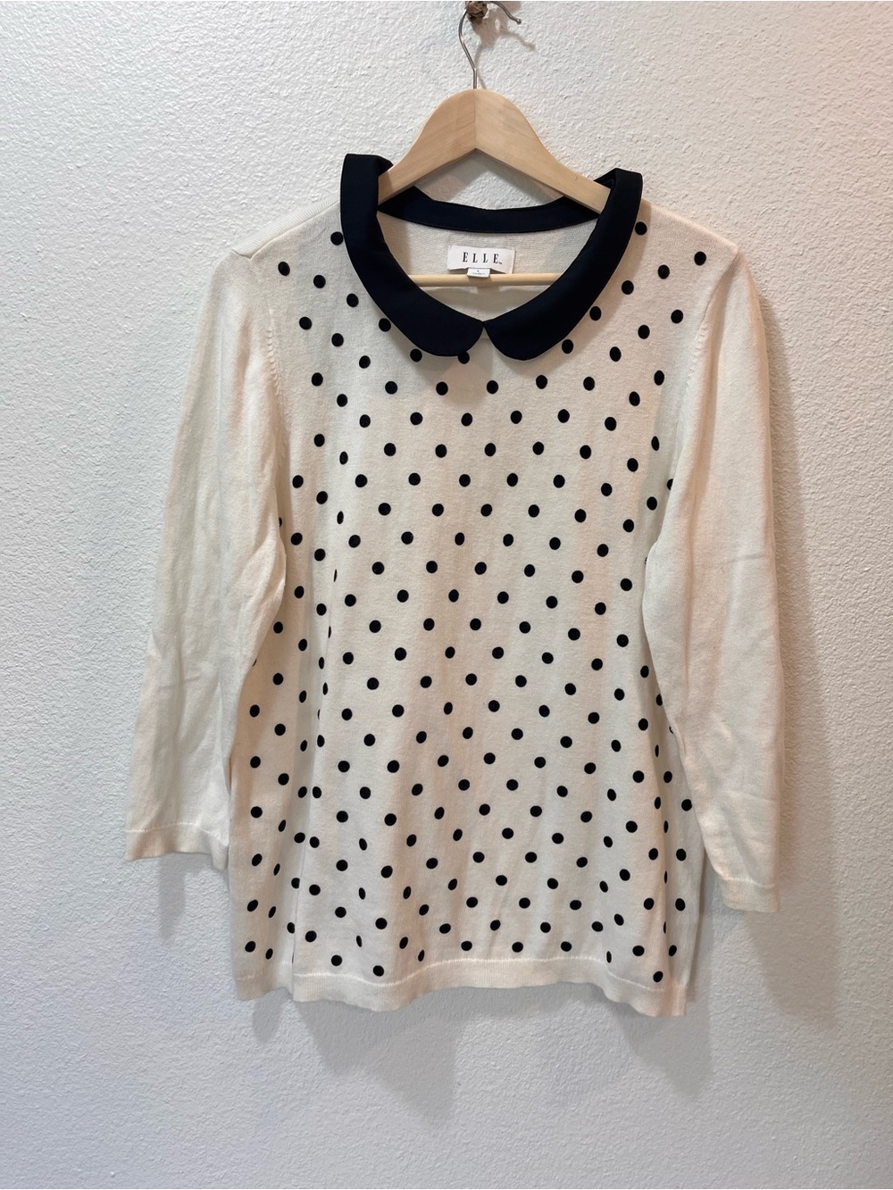 ELLE Cream and Black Polka Dot Long Sleeve Top with Black Peter Pan Collar